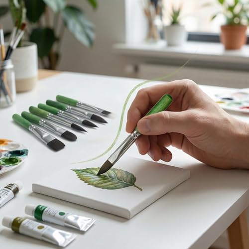 Short Handle Watercolor Brush Set,6-Piece Professional Paint Brushes for Detail Acrylic Painting,Synthetic Squirrel Travel Art Paintbrushes – Round,Dagger,Liner,Cat’s Tongue,Texture,Flat - color: Green