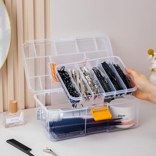 Vidifor Plastic Clear Portable Handled Storage Box with Adjustable Dividers Art Supply Organizer Multipurpose Home Utility Box for Craft, Sewing, First Aid, Makeup, Office Supplies (L, Clear)