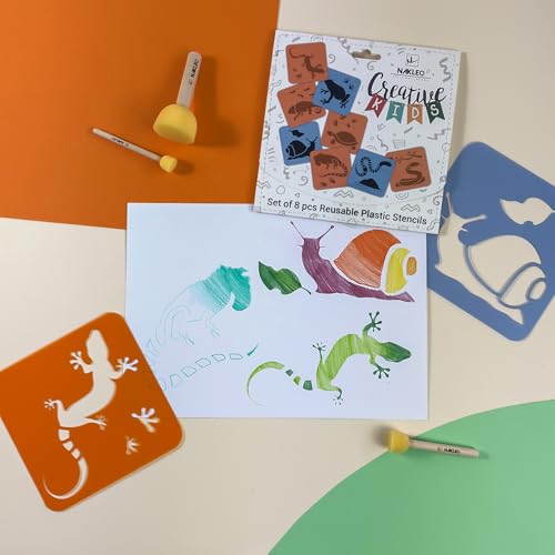NAKLEO Painting Stencils for Kids, 8 Pcs Set 6x6” Reptiles Amphibians, Children Creative Drawing Templates Plastic and Reusable, DIY Decoration Arts and Crafts, Paper Wall Wood Fabric - color: REPTILES – AMPHIBIANS