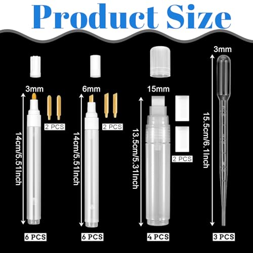 16 Pcs Refillable Acrylic Paint Markers, Refillable Paint Pen, 3mm, 6mm, 15mm Empty Acrylic Markers, with 6 Replaceable Pen Tips and 3 ml Dropper for Touch Up Graffiti Paper Drawing