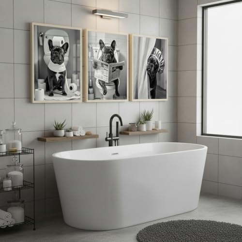 3Pcs Black White French Bulldog Bathroom Wall Art Abstract Dog Toilet Paper Poster Prints Artwork Funny Animal Pictures Wall Decor for Washroom Home Decoration 16x24in Unframed - color: Dog, size: 24"L x 16"W Poster