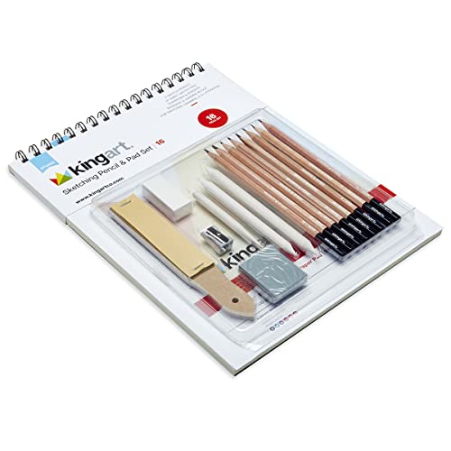 KINGART 16 Piece Sketching Set, Professional Drawing Pencils Art Kit w/Graphite & Charcoal Pencils for Beginners, Students, Adults Shading