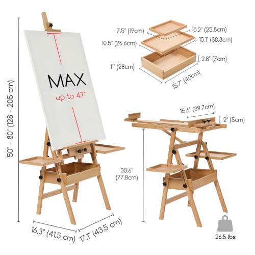 MEEDEN Painting Easel with Storage and Tray: H-Frame Beech Wood Art Easel | Easel Stand for Adults, Artists, Students, Beginners - Adjustable 50"-80" H, Holds Canvas Up to 47 Inches - color: Natural