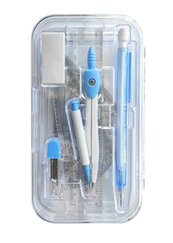 9-Piece Set Back-to-School Kit, Maths Set Pastl Blue | Stationery Set, Compass, Mechanical Pencil, Pencil Leads, Geometry Sets, Ruler, Eraser in a Re-usable plastic box - color: Blue