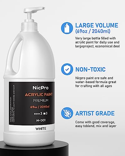Nicpro White Large Acrylic Paint (69 oz, 2040 ml), Rich Pigments, Non Toxic | Craft Paint for Multi Surface, Canvas, Wood, Leather, Fabric, Rock, Art Painting Supplies for Beginners Artists with Pump - color: White, size: 69 Fl Oz (Pack of 1)