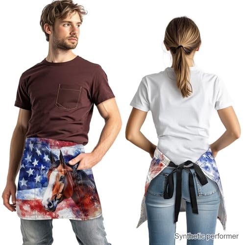 Waist Apron with 3 Pockets Waterproof 13 Inch Short Half Waist Aprons Women Men Server Aprons Waitress Waiter Apron - color: American Flag Horse Print
