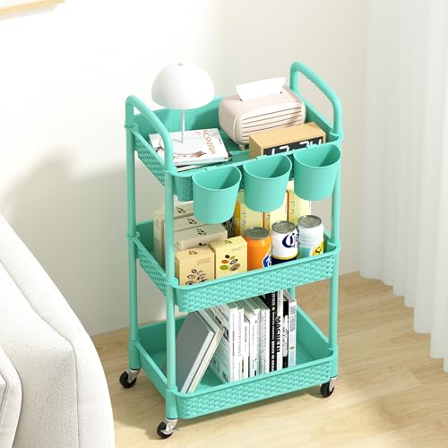 MOYIPIN 3-Tier Plastic Rolling Utility Cart with Handle,Turquoise | Utility Storage Cart for Office, Living Room, Kitchen,Movable Storage Organizer,Easy installation,Rattan-like art design - color: Turquoise, size: 3-Tiers with cups