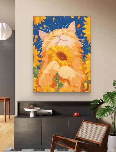 ZRIZQ Paint by Numbers Kit for Adults Beginner Animal,Cat Sunflowers,16x20 | Full set with wooden brushes,rolled canvas,rich paints.Calming activity.Beginner friendly.Just open and paint. - color: 16"X20"Rolled Canvas(Frameless)-Cat 12