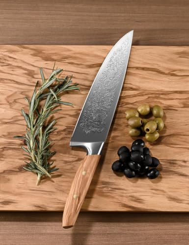Chef Kitchen Knife 8", Embossed Botanical Blade, Olive Wood Handle | Created in collaboration with a German designer. Includes leather sheath and gift box for elegant presentation