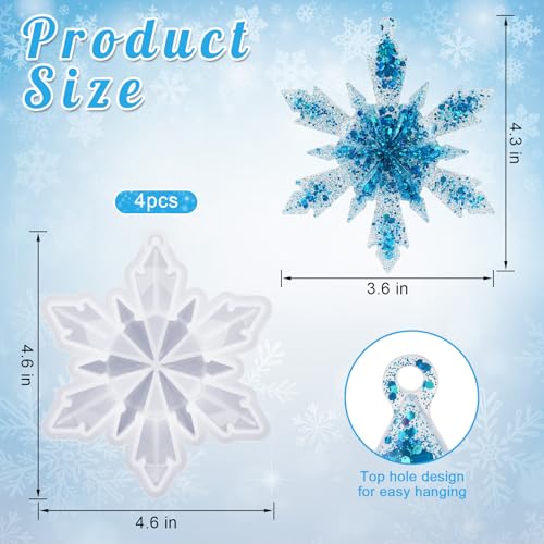 4 Pcs Snowflake Resin Molds, 3D Christmas Snowflake Molds, Christmas Epoxy Resin Mold for DIY Winter Xmas Pendant Decoration - color: Snowflake