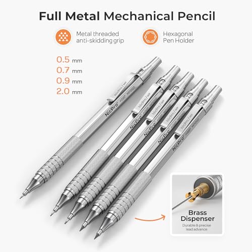 Nicpro 22PCS Metal Mechanical Pencil Set in Case for Drawing Writing | Art Drafting Pencil 0.5, 0.7, 0.9 mm & 2 PCS 2mm Drawing Pencils with 396PCS Leads (4B 2B HB 2H Colored) for Sketching - color: Silver, style: 0.5 0.7 0.9 2.0