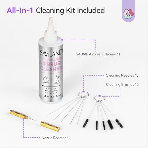 SAVILAND Airbrush Cleaner Kit: 10S Instant 240ml Airbrush Cleaning Kit Low Odor Acetone Free with Cleaning Brush & Needle Nozzle Reamer Full Tool Set for Clog Removal Nail Art Airbrush Pro - color: Grey