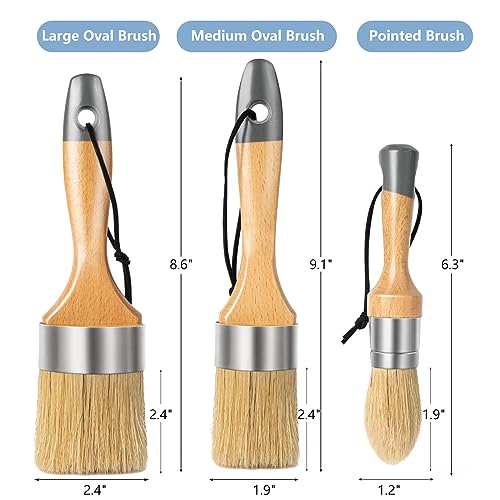 Mister Rui Chalk Wax Paint Brush 3 pcs, Large Wax Brush for Furniture | Stencil Brushes for All in One Paint Acrylic Paint, Cabinets, Natural Bristles, 1 Small Round Brush and 2 Large Oval Brushes - size: 3PCS, 1 Large, 1 Medium, 1 Small