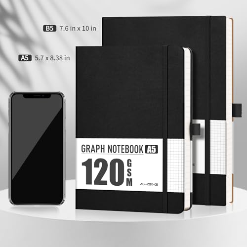 AHGXG Graph Paper Notebook, 120 GSM Paper, 160 Pages, A5 (5.7'' X 8.3'') - color: Black, style: A5-Grid-120G