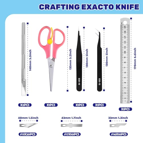 46Pcs Craft Hobby Knife Assortment Kit with Scissors and Tweezers, Precision Knives with #11#16#17 Spare Exacto Blades for Scrapbooking Carving Modeling Crafting
