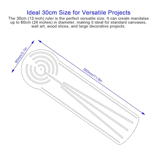 30cm Mandala Ruler Tool with Holes, Mandala Dot Art Circle Maker, Compass Protractor Straight Dotting Ruler for Dot Art Geometric Mandala Pattern Design