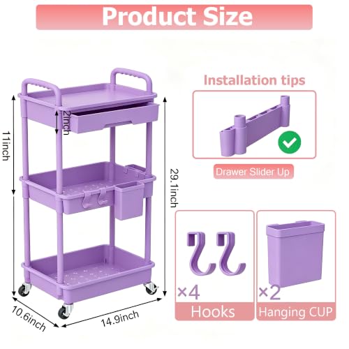 REBECAT 3 Tier Rolling Cart with Drawer, Utility Storage Cart on Wheels for Kitchen, Bathroom, Living Room,Office(Purple) - color: Purple