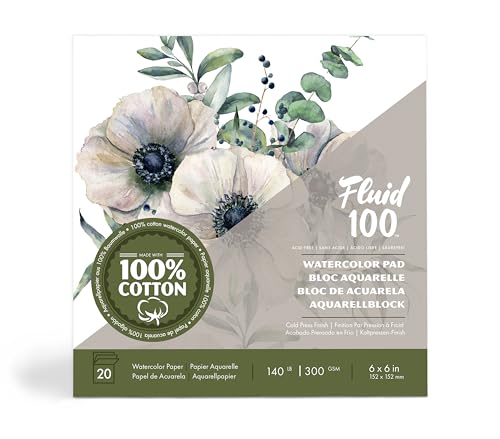 Fluid 100™ Cold Press Watercolor Paper Pad 6x6, 20 Sheets, 140lb, 100% Cotton