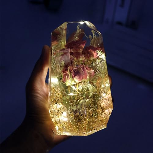 Large Gem Stone Resin Mold, Epoxy Resin Casting Craft Mold for Flower Preservation Bookends with 5 Fairy Light Without Battery