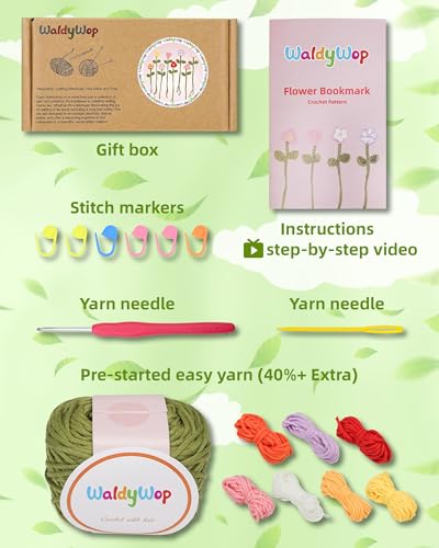 WaldyWop Crochet Kit for Beginners: 8 Flower Bookmarks Knitting Kit w/Video - color: Flower Bookmarks