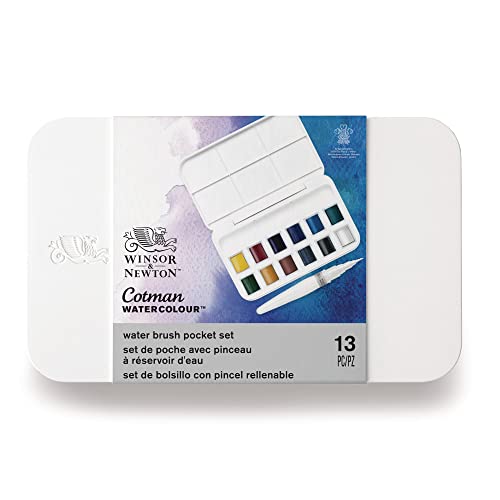 Winsor & Newton Cotman Watercolor Paint Set, 12 HP Water Brush Pocket Set | Introductory Watercolor made with Fine Art Pigments, Perfect for Beginners, Lightfast & Permanent, Good Tinting Strength - style: 12 Half Pan Water Brush Set
