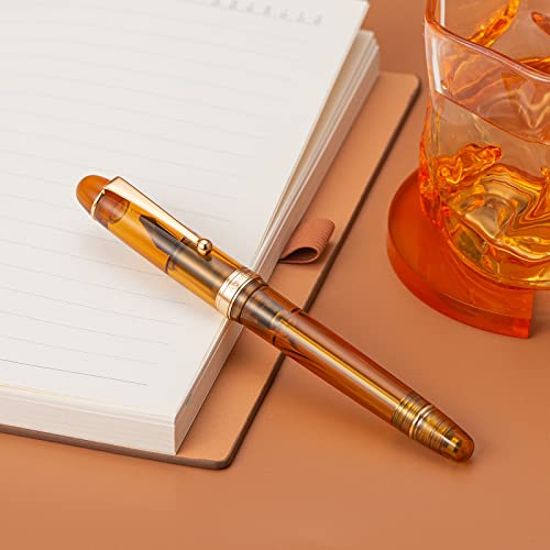 Asvine V126 Vacuum Filling Fountain Pen, Transparent Brown Acrylic Stub Nib 1.1mm Calligraphy Art Drawing with Case Set - color: Transparent brown, style: Stub Nib