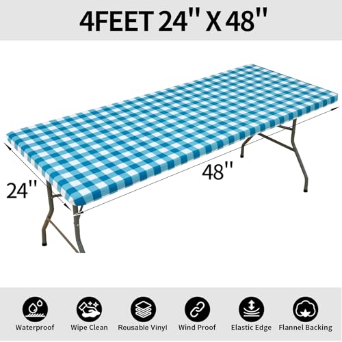 Smiry 4 Foot Picnic Table Cloth, Flannel Backed Fitted Vinyl tablecloths | Waterproof Elastic Rectangle Tablecloth ,Buffalo Plaid Table Covers for Dining, Camping (Turquoise and White, 24" x 48") - color: Turquoise and White, size: 48" x 24" (Rectangular)