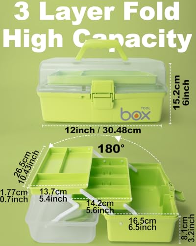 TERGOO 12in 3-Layer Plastic Craft Organizers and Storage, Portable Folding Tackle Box with Handle & Adjustable Dividers, Multipurpose Case for Sewing, Art Supplies, Medicine, Tools (Green) - color: Green