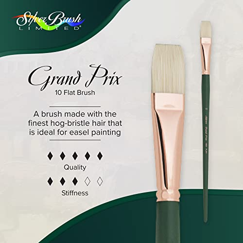 Silver Brush Limited Grand Prix Flat Oil Paintbrush, Size 10, Long Handle | Stiff Flagged Hog Bristle, Superb Paint Absorbency, Well-Balanced, Lightly Textured Strokes, Easel Painting - size: Size 10