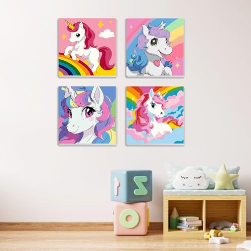 MXJSUA 4 Pack Cute Unicor Paint by Numbers Kit with Framed Canvas for Ages 6-12 Kids, Paint by Numbers Kits for Children Beginners, Acrylic Oil Painting for Home Wall Decor Gift (8x8 inch) - color: Animal-F, size: 20x20cm-06