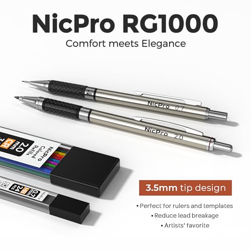 Nicpro Art Mechanical Pencil Set in Storage Case, Metal Drawing Pencil 6PCS | 0.5-2.0 mm Led Pencil + (4B 2B HB 2H Colors) Pencil Lead Refill, Comfort Grip for School Writing, Artist Drawing Sketching - style: 6 Pack (0.5mm+0.7mm+0.9mm+2.0mm)