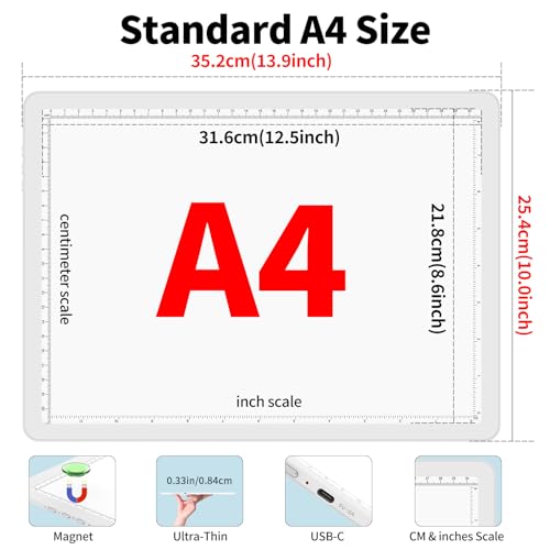 Phylosal Magnetic A4 Light Pad with Bag, Super Bright Light Box with Side Button, Diamond Art Light Board, Lightbox for Tracing and Drawing, USB Power Light Table for Sketching, Weeding Vinyl (White) - color: White, size: A4 with Handbag