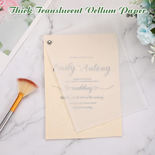 PerKoop 100 Sheets Vellum Paper, 5 x 7, Thick Transparent Paper with Embossing Fan Brush, 160GSM Printable Clear Vellum for Wedding Invitations, Heat Embossing, Belly Bands