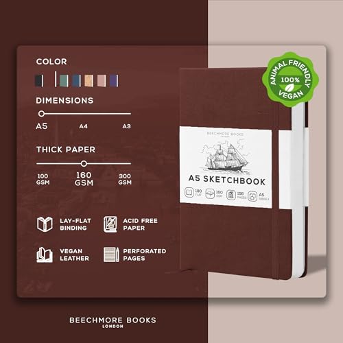 Beechmore Books A5 5.8x8.3 Mixed Media Sketchbook 160 GSM/98LB, Gift Box - color: Chestnut Brown, size: A5 - 5.8" x 8.3" Medium