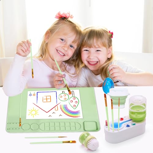 Painting Station Paint Brush Cleaner 20"X16" Silicone Paintings Mat with Cup and Paint Holder 10 Paintings Brushes Children's Painting Set Art Supplies for Kids Back to School Gifts DIY Crafts (Green) - color: Green