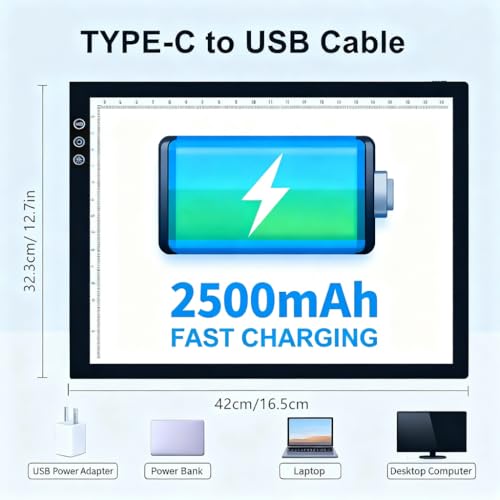 Rechargeable A3 Light Pad for Tracing Drawing - 8 Brightness Levels + 3 Light Colors - with 2500mAh Battery Powered and Foldable Stand for Diamond Art Painting, Animation, Skecth, Weeding Vinyl - size: Rechargeable A3