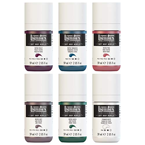 Liquitex Soft Body Acrylic Paint, 6 x 59ml (2-oz), Muted Collection + White | Low Viscosity, Highly Pigmented, Satin Finish, Retains Subtle Brush Strokes, Great Surface Coverage, Highly Versatile - style: Muted Collection 6 x 59ml (2-oz)