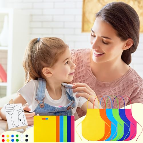 Tenceur 48 Pcs Kids Paint Party Favors Sets with 12 Pcs Animals Pre Drawn Canvas Panel and Wooden Easel Set Paint Pots and Brushes 12 Mini Apron and Tote Bag for Kids Girls Student Boys - style: Stylish