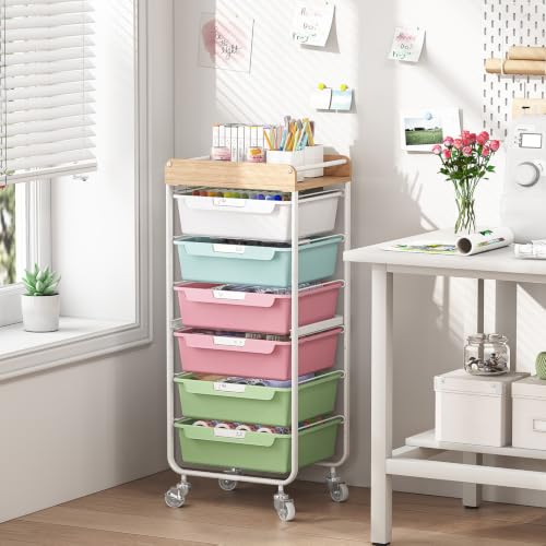 SYKIARIOL 6 Drawer Rolling Cart for Craft Storage,Utility Cart,Colourful | Organizer with Handle and Wooden Top,Storage on wheels for Office,Classroom,Laundry,Garage,Snack,Art Supply - color: Colorful, size: 6-Drawer