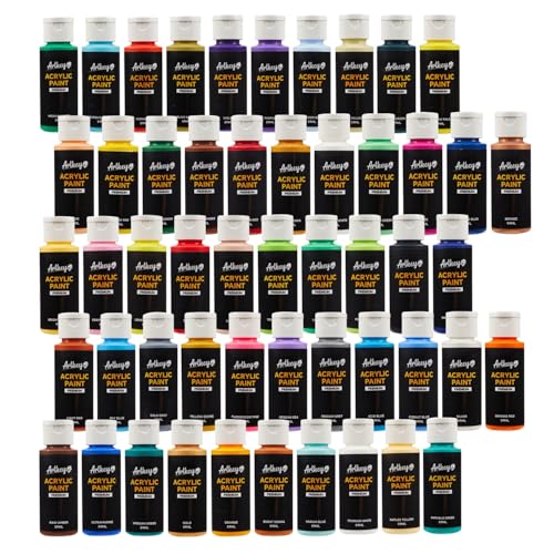 Artkey Acrylic Paint Set - 52 Colors 2 oz/59 ml Acrylic Paints Professional Artists Painting Kit for Canvases Fabric Rock Leather Easter Egg Wood Ceramic Glass Art Craft Painting - color: 52 Colors, style: Basics