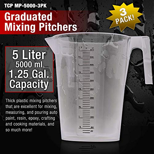 TCP Global 5 Liter (5000ml) Gallon Plastic Graduated Measuring and Mixing Pitcher (Pack of 3) - Holds 5 Quarts 1.25 Gallons- Pouring Cup, Measure & Mix Paint, Resin, Epoxy, Kitchen Cooking Baking - size: 5000ml