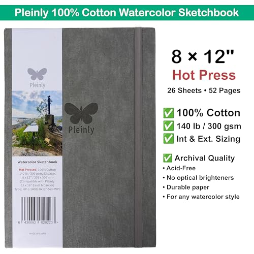 Pleinly 100% Cotton Watercolor Sketchbook Journals – 2 Pack Hot Press, 8x12” Large, 140lb (300gsm), 26 Sheets Each, Portrait, Type-L Paper with Internal & External Sizing, Hard Cover, Lay Flat - size: Hot Pressed 12x8" Type L (2 pcs)