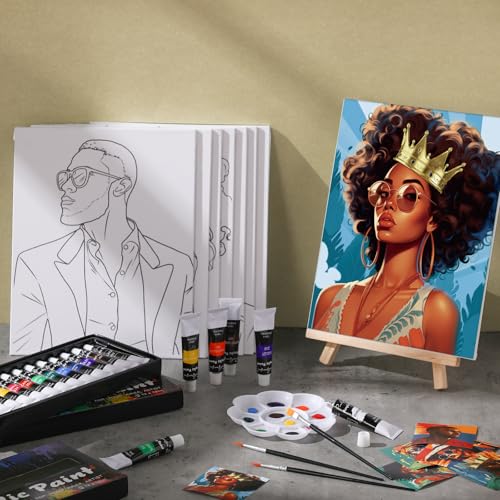 Cholemy 36 Pcs Paint and Sip Kit Gift for Adults 8''x10'',Black Women | Pre Drawn Canvas, Painting DIY Afro Acrylic Painting Kit, Wood Easel Brushes, Date Night Bulk, Summer Halloween Party - style: Black Women