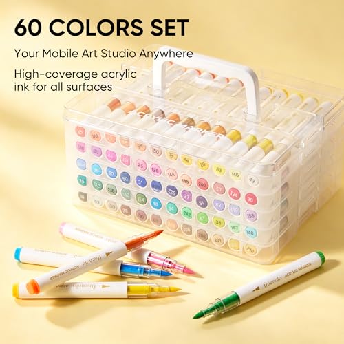 finenolo 60 Colors Brush Tip Acrylic Paint Markers, Water-Based Paint Pens | Waterproof, non-toxic, fast-drying acrylic markers, for rock painting, wood, glass, ceramic, fabric, metal, diy crafts - color: 60 Colors