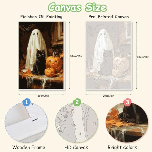 Spandrel Halloween Ghost Framed Paint by Numbers Kit for Adult, Black Cat Paint by Number Kits on Canvas, DIY Acrylic Oil Pumpkin Painting by Numbers for Home Wall Decor, 8x12in - color: H-02