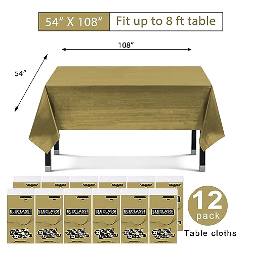 Eleclassi Gold 12 Pack Premium Disposable Plastic Tablecloth 54 x 108 in - Plastic Table Cloth Disposable Tablecloth for Rectangle Table Up to 8 Feet - color: Gold, size: 12 Pack Rectangle
