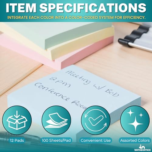 1InTheOffice Sticky Notes 3x3, Sticky Note Pads, Self-Stick Note Pads, Assorted Pastel Colors, 100-Sheet, 12/Pack
