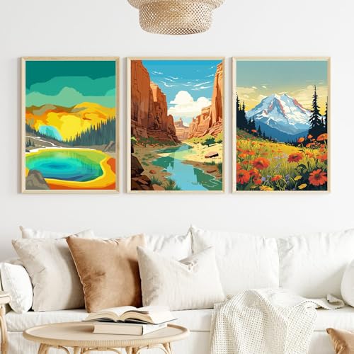HOIYLDS 3 Pack Paint by Number for Adults Framed Canvas, National Park DIY Arts and Crafts for Adults Beginner with Wooden Easel, Paint Brushes, Acrylic Paint Set for Home Wall Decor, 9 * 12 Inch - color: LD009