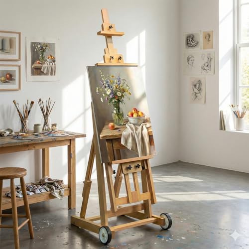 Studio H-Frame Easel with Tilting & Flat Position, Natural | Sturdy Adjustable Beech Wood Painting Easel for Painting, Holds Canvas Art up to 77" - style: Natural