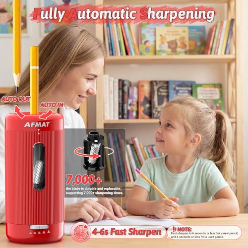 AFMAT Electric Pencil Sharpener, Auto in & Out, 5 Nibs, 7K+ Uses, Fully Automatic Pencil Sharpener for Classroom, Rechargeable Hands-Free Sharpeners for Jumbo/Colored Pencils (φ6.5-12mm) PSC3(Red) - color: Red